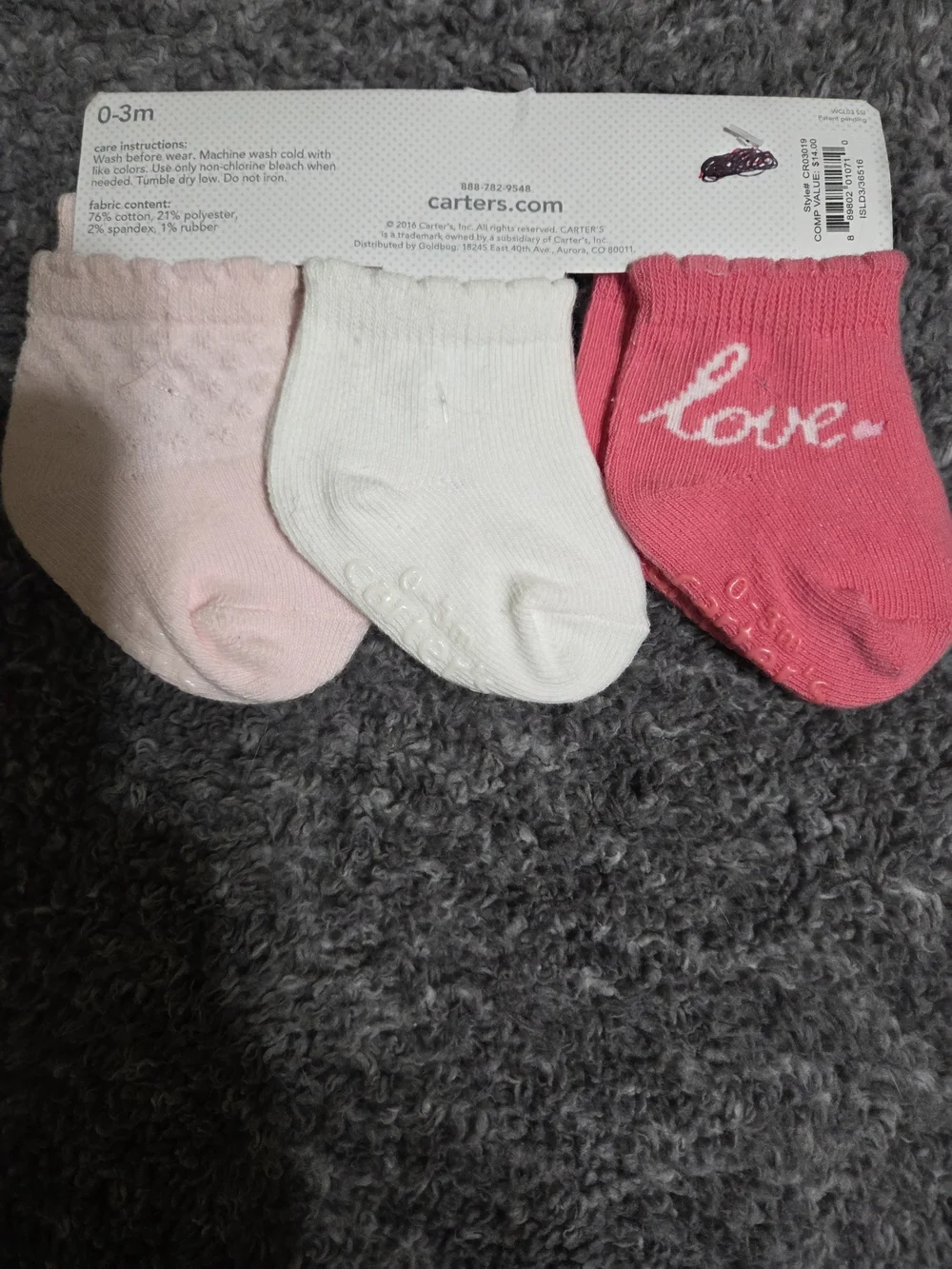 Carter's 3-Pack Baby Socks in Hot Pink, White, and Light Pink